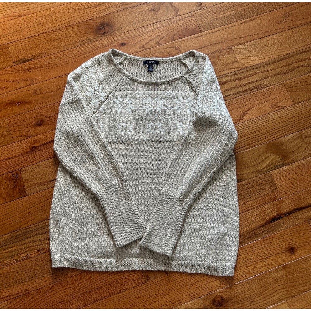 Chaps Womens XL Beige Metallic Snowflake Fair Isle Knit Sweater Long Sleeve